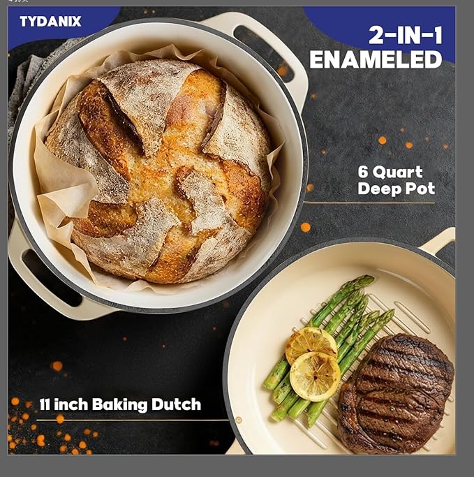2-in-1 Multifunctional Enameled Cast Iron Dutch Oven, 6QT Loaf Pan with Dual Handles, Perfect for Baking Sourdough, Roasting, Braising & Stews, Oven & Stovetop Safe, Easy to Clean & Pre-Seasoned