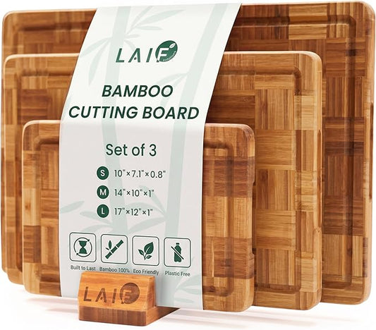 Premium Carbonized Bamboo Cutting Boards – Durable Wooden Chopping Boards with Juice Grooves – Small, Medium, Large & 3-Piece Set – Eco-Friendly, Thick, Crack-Resistant, Easy Grip (Set of 3)