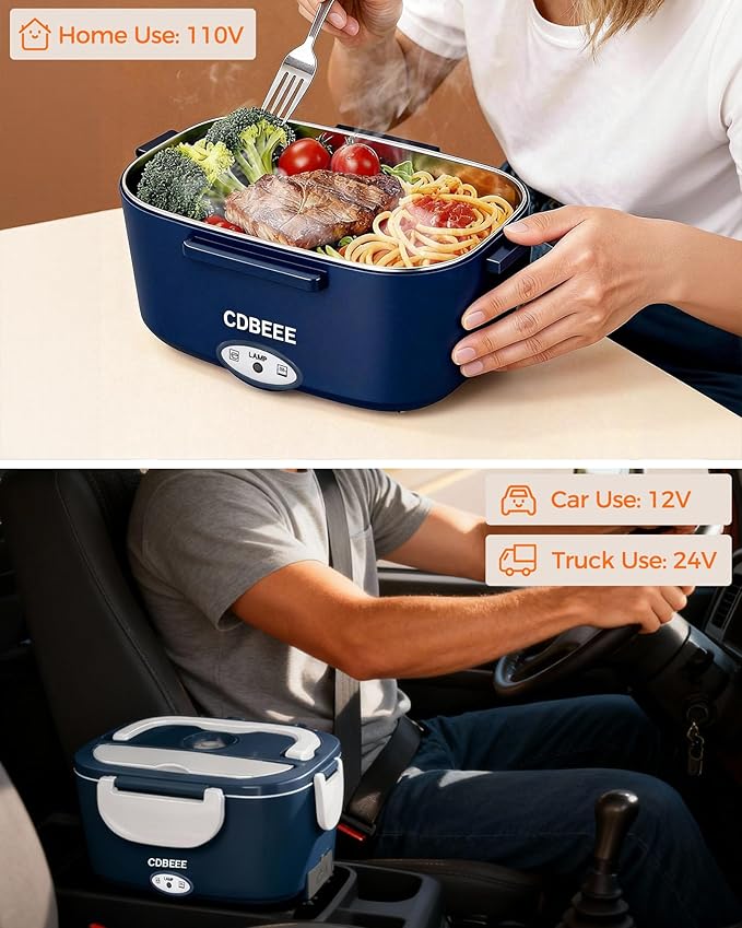Electric Lunch Box Food Heater - 80W Fast Heating, 1.5L Heated Lunch Box Leak-Proof 304 Stainless Steel Portable Food Warmer, (12V/24V Car/Truck & 110V Home), Ideal for Work/Travel（Blue-white）