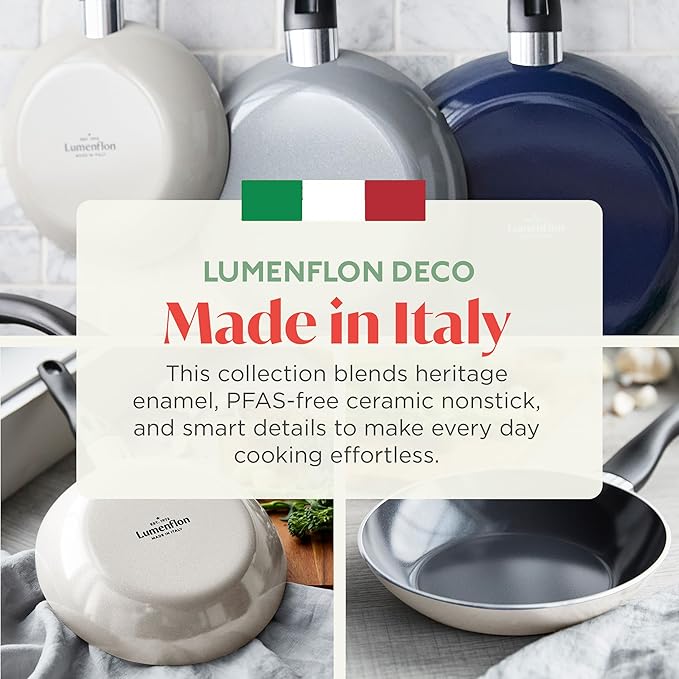 Lumenflon Deco 8” Nonstick Frying Pan Skillet, Made in Italy, Diamond Ceramic PFAS-Free, Dishwasher & Metal Utensil Safe, Durable Gloss Enamel Finish, Stay-Cool Handle, High Walls-Extra Room, Taupe