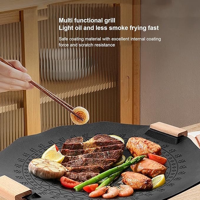 Korean BBQ Grill, Korean Grill Pan with Nonstick, Round BBQ Griddle, Round Griddle Camping Pans, Compatible for Gas Stove, Electric Cooktop, Indoor or Outdoor Grilling (35cm)