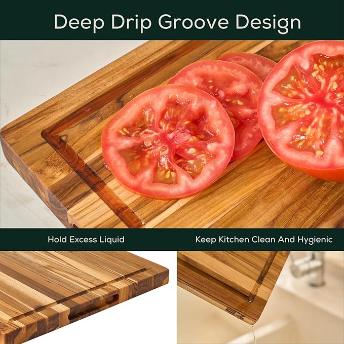 EZ FURNITURE Small (S) Teak Wood Premium Cutting & Serving Board, Knife Friendly, Pre-Oiled End Grain with Juice Groove & Handles, Non-Toxic (14"Lx10"Wx1"Th, 3.75lbs)