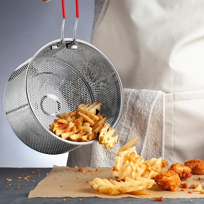 Patelai 3 Pcs Pasta Strainer 5.5" 6.3" 7.1" Metal Noodle Strainer with Long Removable Handle 304 Stainless Steel Deep Fryer Basket Pasta Noodle Basket Kitchen Colander for Washing Frying Boiling