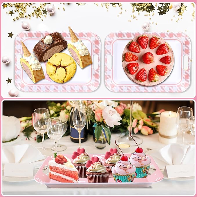 gisgfim 2Pcs Valentine's Day Serving Trays Pink Bow Coquette Party Decorations Large Melamine Serving Platters with Handles for Girls Bachelorette Bow Party Decor Wedding Dessert Birthday Supplies
