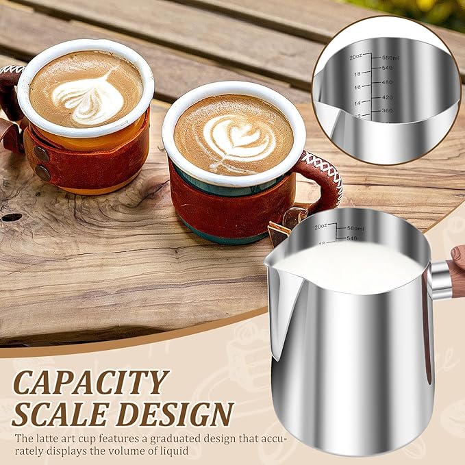 Milk Frothing Pitcher, 20oz/600ml Stainless Steel Milk Frother Cup Measurement, Barista Espresso Steaming Jug with Coffee Art Pen and Ergonomic Handle for Cappuccino Latte Art(silver,600ml)