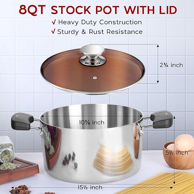 Onader 8 Quart Stock Soup Pot with Lid, 18/10 Stainless Steel Stockpot Tri-Ply Cooking Induction Pot with Stay-Cool Handles