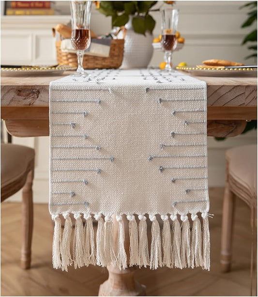 Boho Table Runner 13 x 48 Inch Long Natural Cotton Woven Runner with Tassels for Home Dining Table décor, for Modern Farmhouse Decor Coffee Table Runner, Grey and Beige