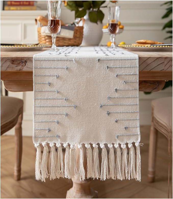 Boho Table Runner 13 x 60 Inch Long Natural Cotton Woven Runner with Tassels for Home Dining Table décor, for Modern Farmhouse Decor Coffee Table Runner, Grey and Beige