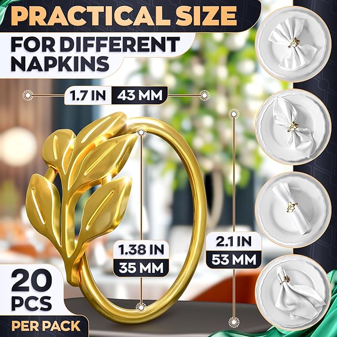 Gold Napkin Rings Set of 20 - Easter Napkin Rings Fits Various Napkin Styles, Reusable Elegant Gold Leaf Design for Dinner Parties, Special Events, Holidays & Easter Table Decor, Great Gifts for Hosts