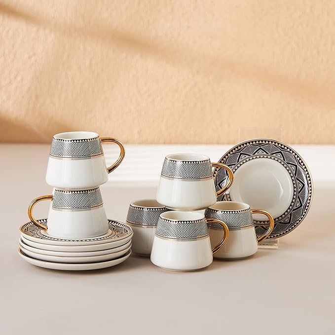 KARACA Globe Turkish Coffee Cup Set of 6, 80ml, 2.7 oz, Small Espresso Cups with Saucers, Porcelain, Black Patterns, and Gold Handles, Ideal for Serving Greek, Arabic Coffee