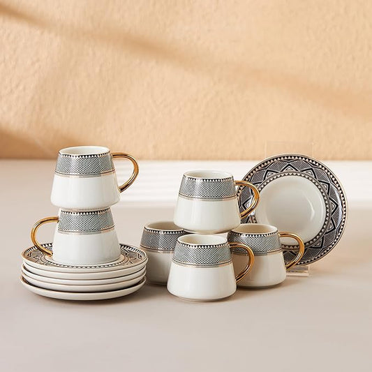 KARACA Globe Turkish Coffee Cup Set of 6, 80ml, 2.7 oz, Small Espresso Cups with Saucers, Porcelain, Black Patterns, and Gold Handles, Ideal for Serving Greek, Arabic Coffee