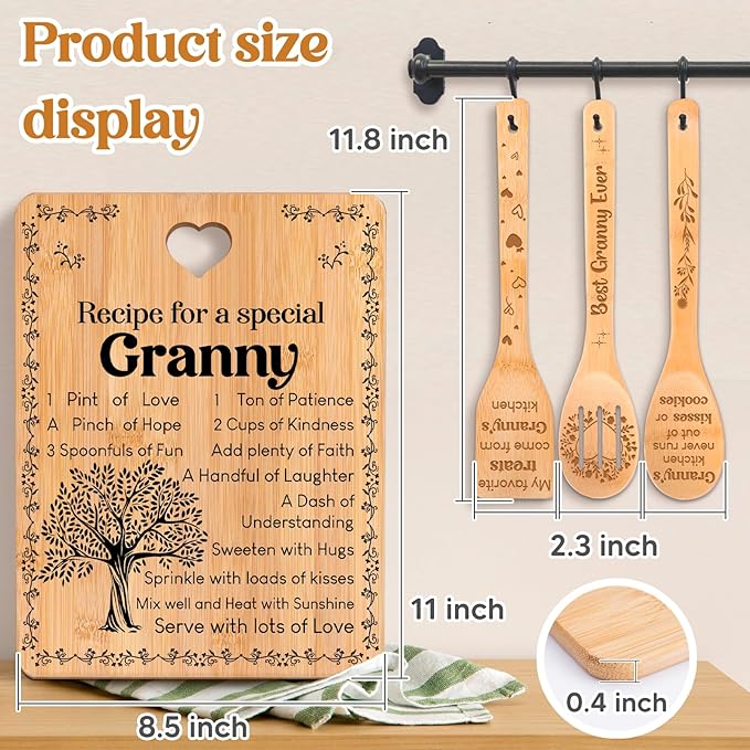 Granny Gifts - "Recipe for a Special Granny" Gifts for Granny Cutting Board Set, Bamboo-Made Engraved Utensil Set Granny Birthday Gifts, Presents for Grandma Nana Nanny from Grandchildren