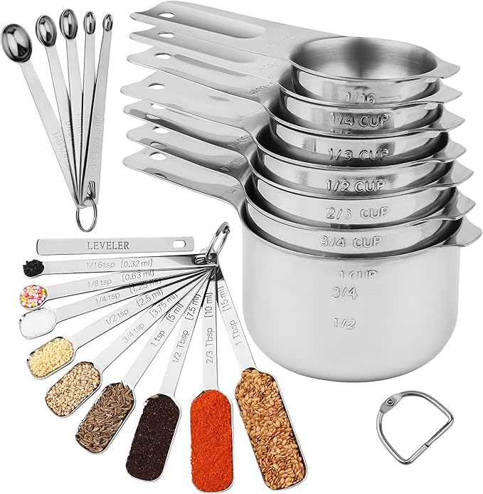 Measuring Cups and Spoons Set 22, 18/8 Stainless Steel Long Hanlde Measuring Spoons & Mini Measuring Spoons and 1 Leveler, Metric & US Measure Cup and Spoon for Dry and Liquid
