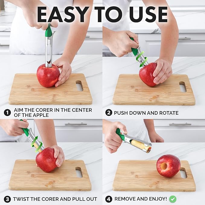 Zulay Kitchen Premium Apple Corer - Easy to Use Durable Remover for Pears, Bell Peppers, Fuji, Honeycrisp, Gala and Pink Lady Apples - Stainless Steel Cupcake Corer - Green