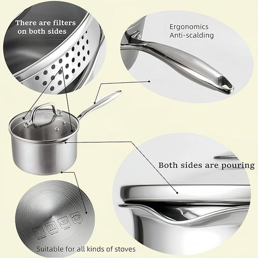 KANGXW 3.0 Quart Stainless Steel Saucepan With steamer,With Pour Spout and Filter Glass Lid Milk Pan, Sauce, Gravy, Pasta Stock Pot For All Stovetops(3.0 Quart With steamer)