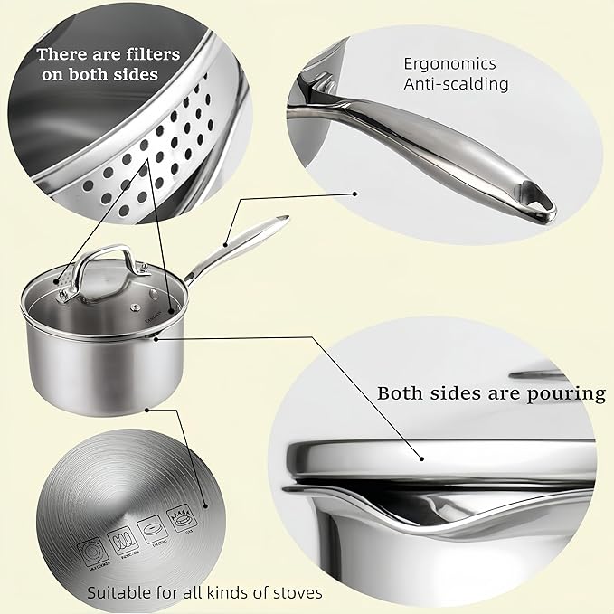 KANGXW 4.0 Quart Stainless Steel Saucepan With steamer,With Pour Spout and Filter Glass Lid Milk Pan, Sauce, Gravy, Pasta Stock Pot For All Stovetops