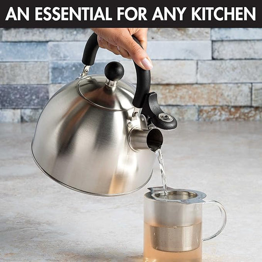 Primula Stewart Whistling Stovetop Tea Kettle Food Grade Stainless Steel, Hot Water Fast to Boil, Cool Touch Folding, 1.5-Quart, Brushed with Black Handle