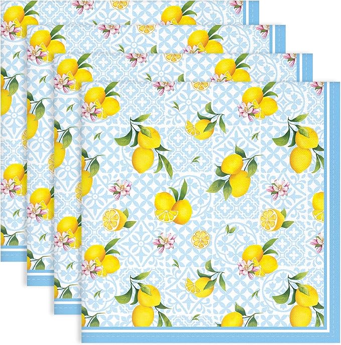 Summer Lemon Napkins, 18×18 Inch Floral Dinner Cloth Napkins Set of 4, Washable Cotton Soft Absorbent Square Napkins for Dining Kitchen Party Wedding Decoration