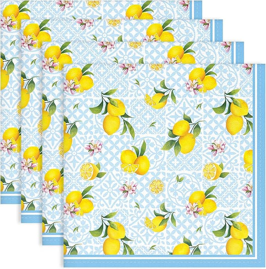 Summer Lemon Napkins, 18×18 Inch Floral Dinner Cloth Napkins Set of 4, Washable Cotton Soft Absorbent Square Napkins for Dining Kitchen Party Wedding Decoration