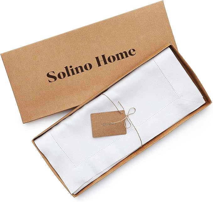 Solino Home Linen White Table Runner 156 Inches Long - 100% Pure Linen Extra Long Table Runner 14 x 156 Inch for Valentines, Spring, Easter - Classic Hemstitch