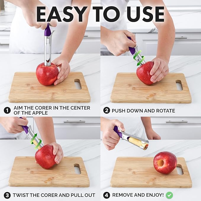 Zulay Kitchen Premium Apple Corer Tool - Ultra Sharp, Stainless Steel, Serrated Blades for Easy Coring - Easy to Use & Clean, Durable Apple Corer Remover for Baking Apples & More - Plum