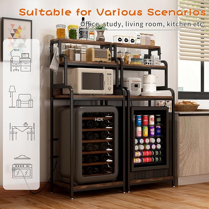 Bakers Rack with 4-Tier Mini Adjustable Shelves and Power Outlet, Heavy-Duty Metal Frame Kitchen Shelf Organizer, Mini Fridge & Microwave Stand for Kitchen, Dorm, Living Room, Walnut Brown