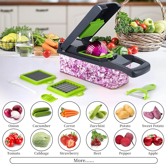 Multifunctional Vegetable Chopper & Slicer - 13 in 1 Food Chopper With 8 Blades, Dicer, Cutter for Onions, Carrots, Garlic & More - Container Included