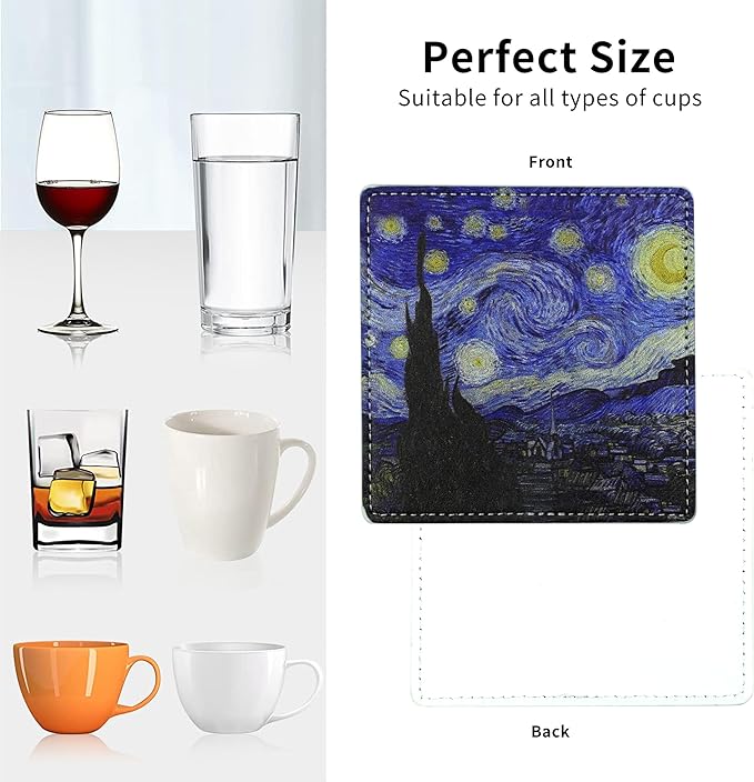 Artistic Coasters Square Leather Drinks Coaster Set with Holder for Coffee Table Bar Home Decor 4 Inches Set of 6