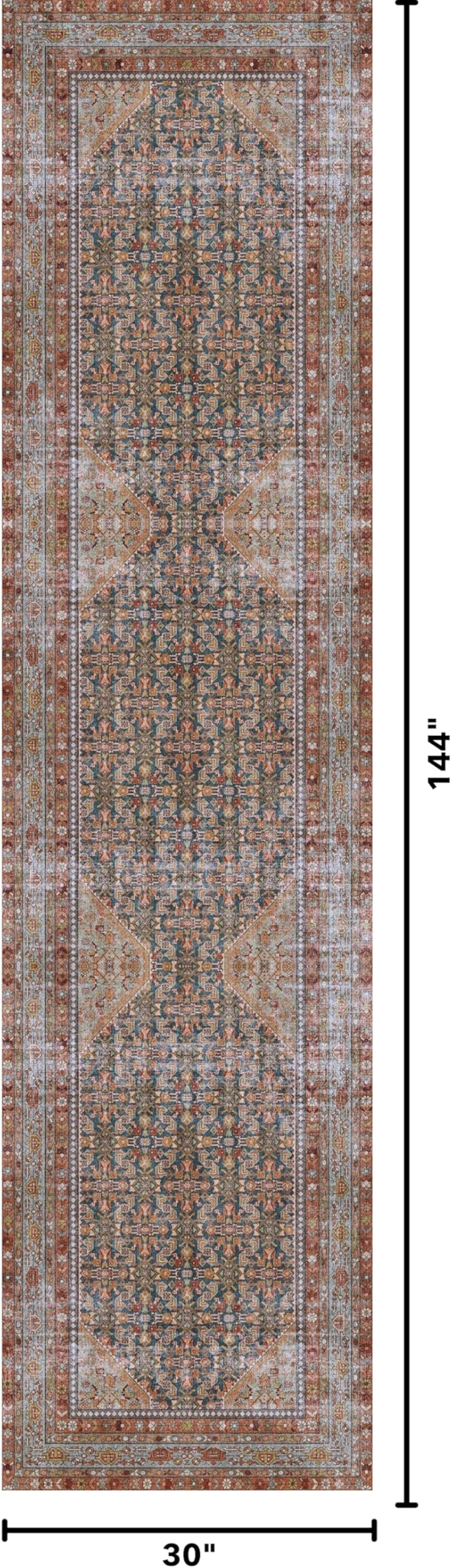 Kuden 2'6"x12 Runner Rug, Machine Washable Area Rug with Non-Slip Backing, Vintage Style, Soft, Easy Clean, Low Pile Rug for Hallway, Entryway, Kitchen, Bedroom