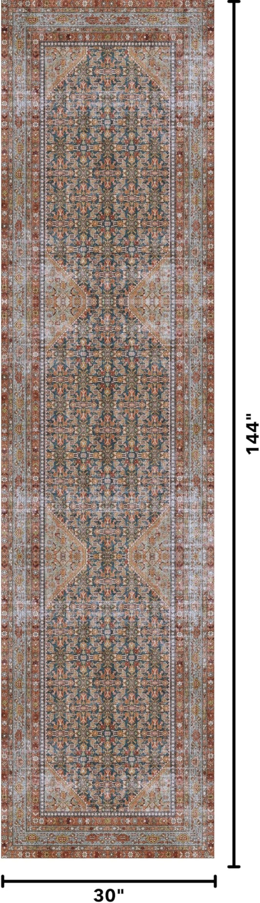 Kuden 2'6"x12 Runner Rug, Machine Washable Area Rug with Non-Slip Backing, Vintage Style, Soft, Easy Clean, Low Pile Rug for Hallway, Entryway, Kitchen, Bedroom