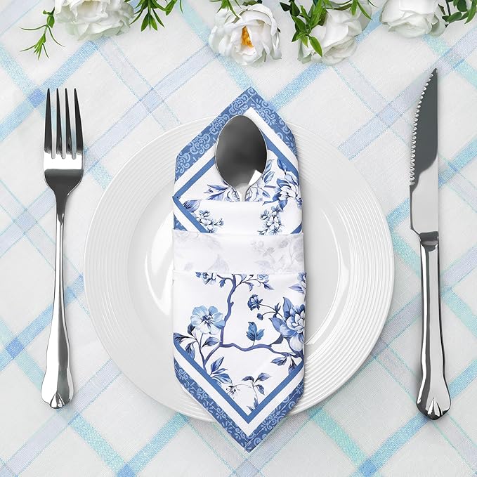 Bird Flower Napkins, 18×18 Inch Blue Branch Dinner Cloth Napkins Set of 6, Washable Cotton Soft Absorbent Square Napkins for Dining Kitchen Party Wedding Decoration