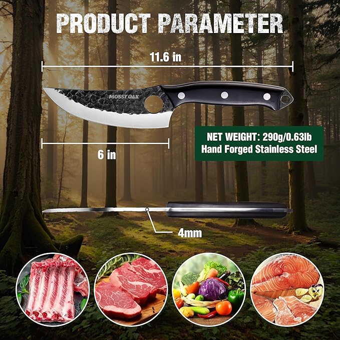 Mossy Oak Chef Knife, Kitchen Knife for Boning, Cutting, and Chopping, Hand Forged Viking Knife Full Tang Handle with Genuine Leather Sheath, Meat Cleaver Knife for Outdoor Cooking, Camping and BBQ