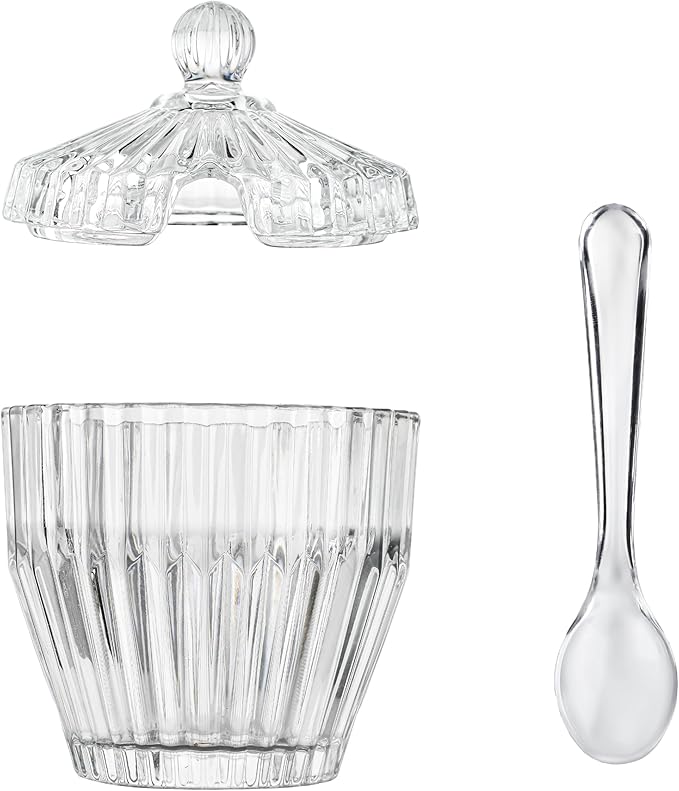 kanpura 1 Pack Clear Glass Sugar Bowl with Lid and Spoon Serving Spoon Salt Pot Sugar Holder Seasoning Pot Dispenser Container for Home Kitchen, Dishwasher Safe(5 OZ)