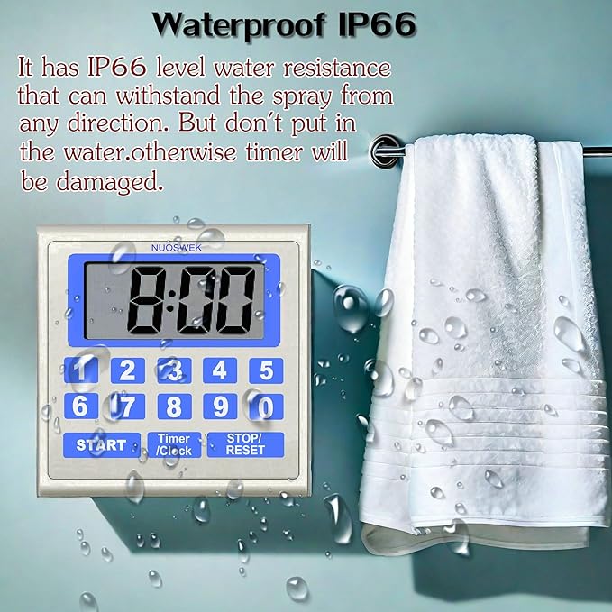 Digital Timer Waterproof Shower Timer Shower Clock Direct Digit Entry Bathroom Kitchen Timer with Strong Magnet and Large LCD Display (Waterproof 13 Key)