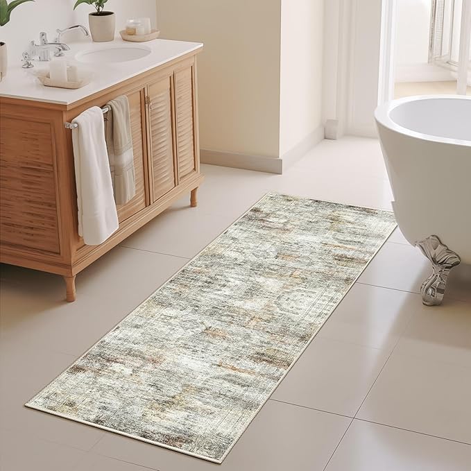 Kitchen Runner Rugs Non Skid Washable - 2.5 x 10 Runner Rug with Anti Slip Backing, Ultra-Thin Soft Rug Runner for Hallway, Bedroom, Living Room (2'x10', Grey/Rust)