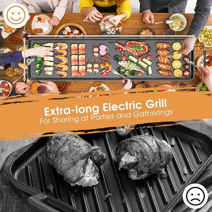 BECOMFORT 35'' Electric Griddle, Nonstick Extra Large Teppanyaki Grill w/ 2000W Table Top Grill, Adjustable Temperature & Drip Tray, Indoor Outdoor Table Top Grill for Barbecue, Camping