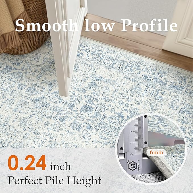 Blue Runner Rug 3x10 Hallway Machine Washable Kitchen Vintage Distressed Non Slip Long Carpet Indoor Retro Floral Bedroom Accent Throw Rug for Bathroom Office Laundry Dining Room
