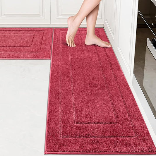 PURRUGS Machine Washable Kitchen Rug Set [2 PCS] (24" x 35.5"+ 24" x 59"), Non-Slip/Skid Kitchen Runner Rugs & Floor Mats, Super Absorbent Soft Standing Mats for Kitchen, Laundry & Sink, Burgundy Red