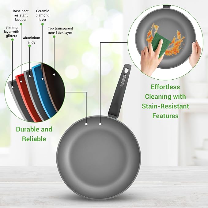 NutriChef 12-Piece Nonstick Kitchen Cookware Set-PTFE/PFOA/PFOS-Free Heat Resistant Lacquer Kitchen Ware Pots Pan Set Dark Gray/Red- Saucepot, Pans, Cooking Pot Oven Pot, Lid, Utensil - NCCW12RED
