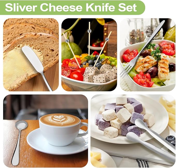 94 Pcs Charcuterie Board Accessories, Stainless Steel Cheese Spreaders Forks Spoons Mini Serving Tongs Honey Dippers Sauce Cups Toothpick Flags Charcuterie Utensils for Pastry Making, Silver