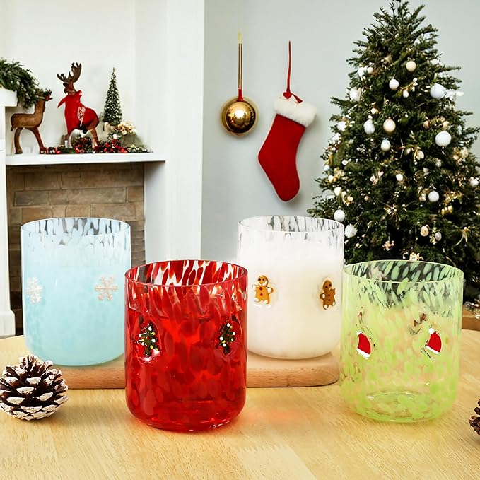 4 PCS 14 Ounce Christmas Icon Juice Glasses,Christmas Drinking Cups,Four Colors and Patterns,Strong and Durable Glasses Are The Great Gifts for Friends!