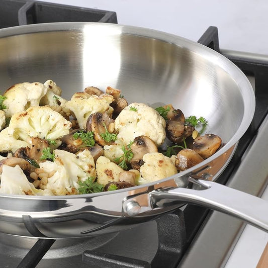 Sur La Table Kitchen Essentials Chef's Deck 11-Inch Large Stainless Steel Frying Pan – Induction Ready Skillet with Tri-Ply Base, Polished Finish & Hollow Stay-Cool Handle