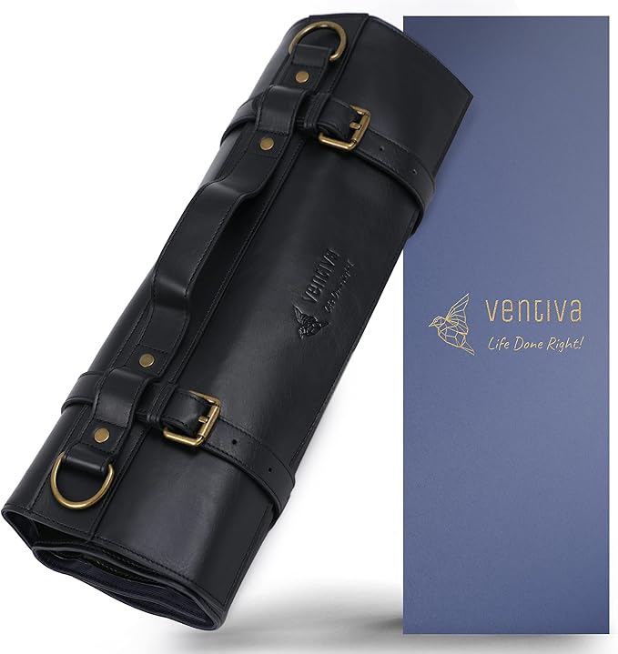 Professional Knife Roll Bag, 9-Slot Leather Knife Case with Shoulder Strap, Black Leather