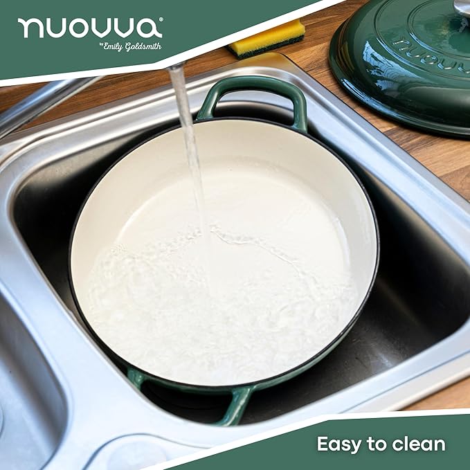 Shallow Cast Iron Casserole with Lid – Non Stick Dutch Oven Pot, Oven Safe up to 500° F – Sturdy Ovenproof Stockpot Cookware – Enamelled Cooking Pot – Dark Green, 3.7-Quart, 30cm – by Nuovva
