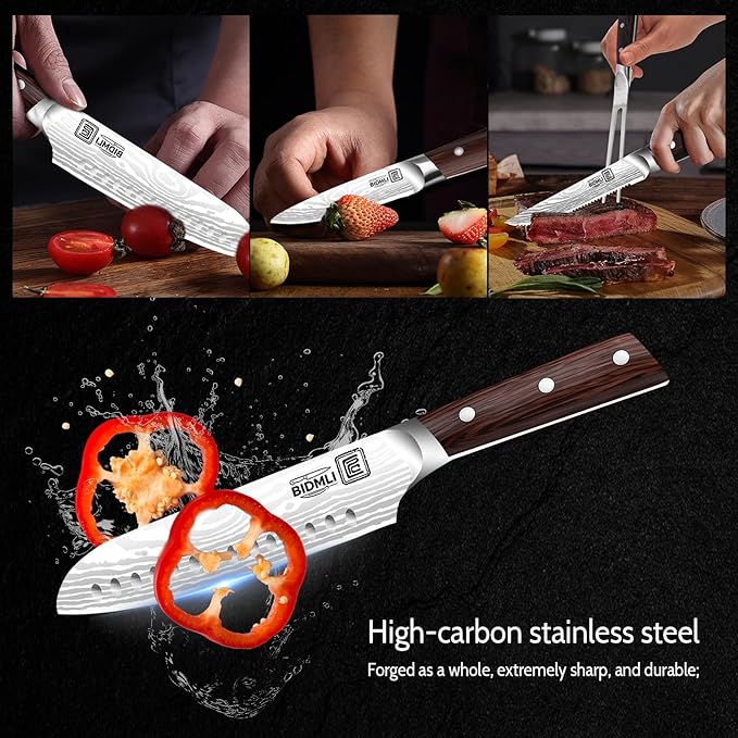 17-Piece Knife Block Set BIDMLI- Black Sharpener & Chicken bone Shears, high carbon stainless steel blades, Ergonomic Hardwood Handle,for Home, Restaurant, Professional