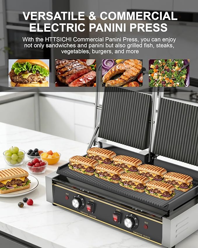 Commercial Panini Press - 3600W Commercial Electric Sandwich Maker w/Dual Independent Temp Controls, Double-Sided Heating, Panini Grill Press 19"x9" Nonstick/Grooved Plates for Panini & Sandwiches