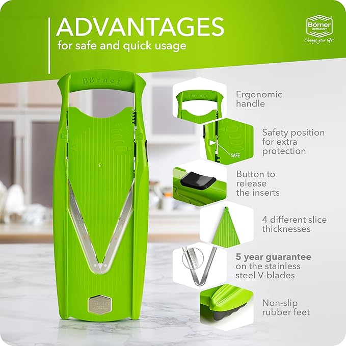 Mandoline Food Slicer Börner V5 (Basic Set) by Reston Lloyd • V-Slicer with Food Holder • Made in Germany • Fruit & Vegetable Chopper • Multiple Settings • Color: Lime
