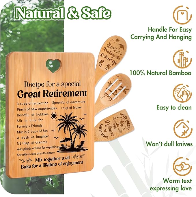 Retirement Gifts for Woman/Men 2026, Happy Retirement Bamboo Cutting Board Set for Colleagues, Friends, Teachers, Bosses, Parents, Family - Recipe for a Special Great Retirement.