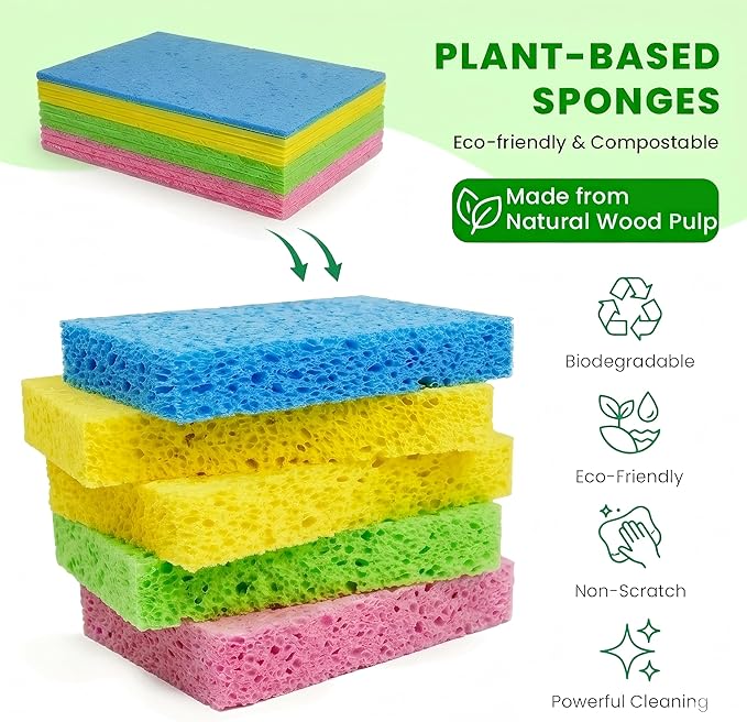 Kitchen Sponges, 24 Count, Thick Compressed Natural Cellulose Sponges, Non-Scratch for Dishes, Biodegradable & Compostable, Pop-up for Easy Storage