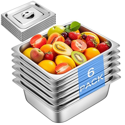 Hotel Pan With Lids 1/2 Size 4 Inch Deep Stainless Steel Chafing Dishes for Buffet, Steam Table Pan, Metal Commercial Food Pans for Food Prep/Catering/Food Serving (6 Pack, Half Size 1/2 x 4" Deep)